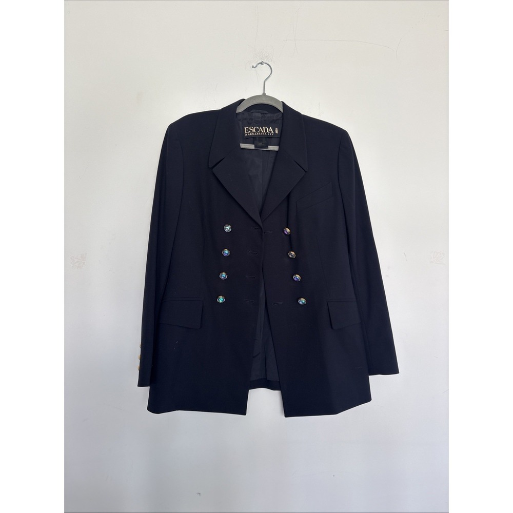 ESCADA MARGARETHA LEY DARK BLUE DOUBLE-BREASTED OPALESCENT BUTTON BLAZER SIZE 40